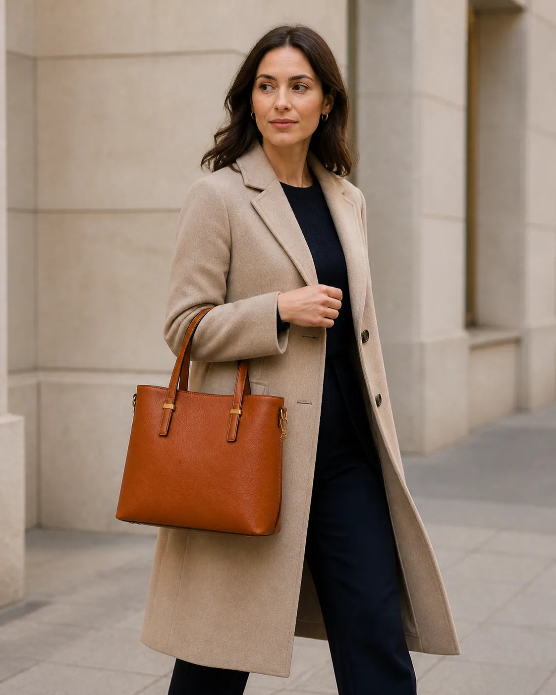 Woman carrying a cognac leather tote